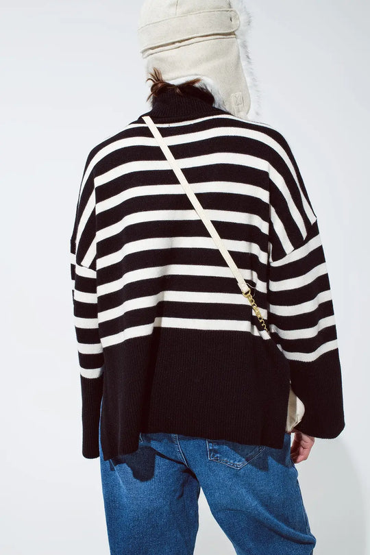 Black oversized trutleneck sweater with white stripes and splits on the side - BLACK / ONE - Sweaters