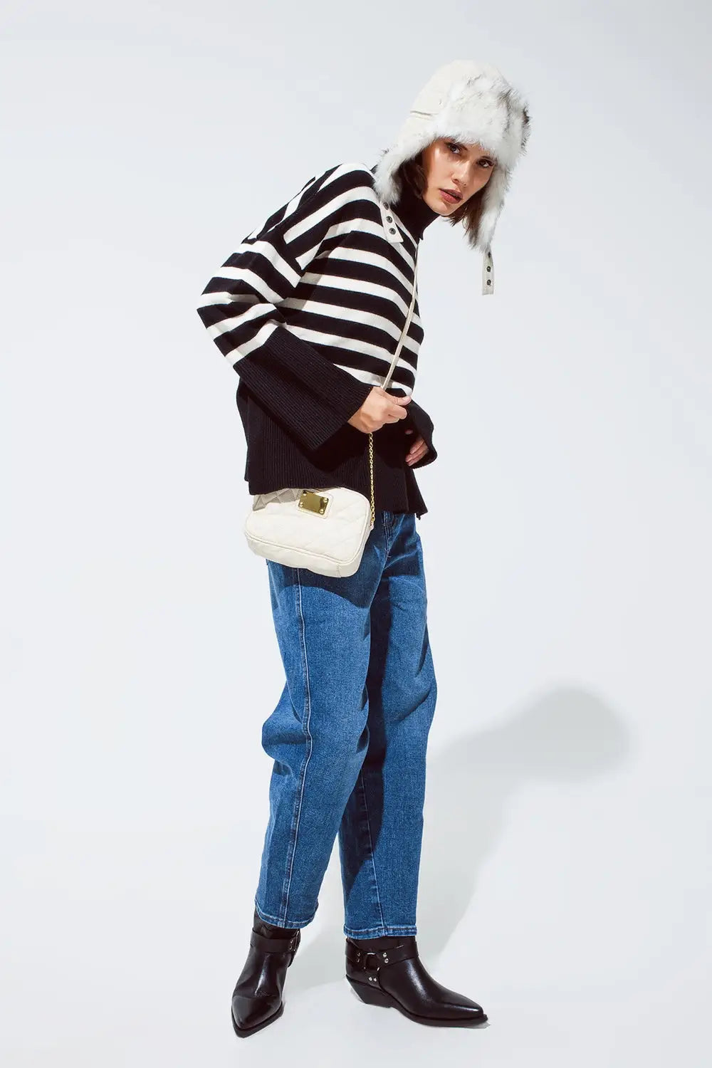 Black oversized trutleneck sweater with white stripes and splits on the side - BLACK / ONE - Sweaters