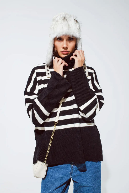 Black oversized trutleneck sweater with white stripes and splits on the side - BLACK / ONE - Sweaters