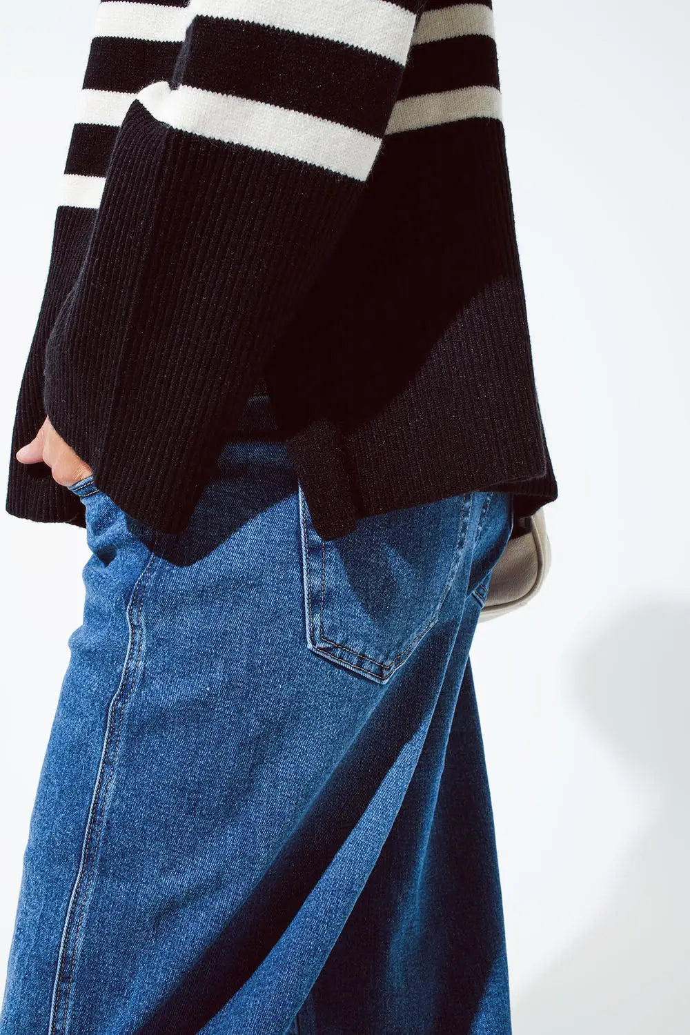 Black oversized trutleneck sweater with white stripes and splits on the side - BLACK / ONE - Sweaters