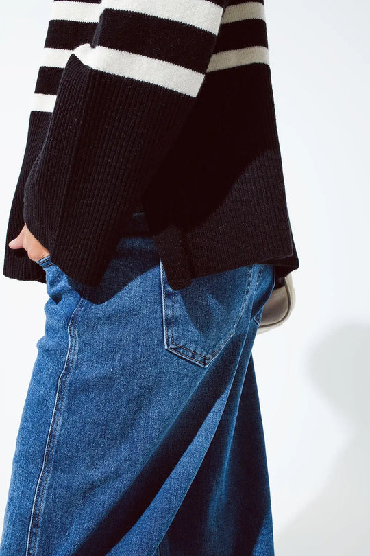Black oversized trutleneck sweater with white stripes and splits on the side - BLACK / ONE - Sweaters