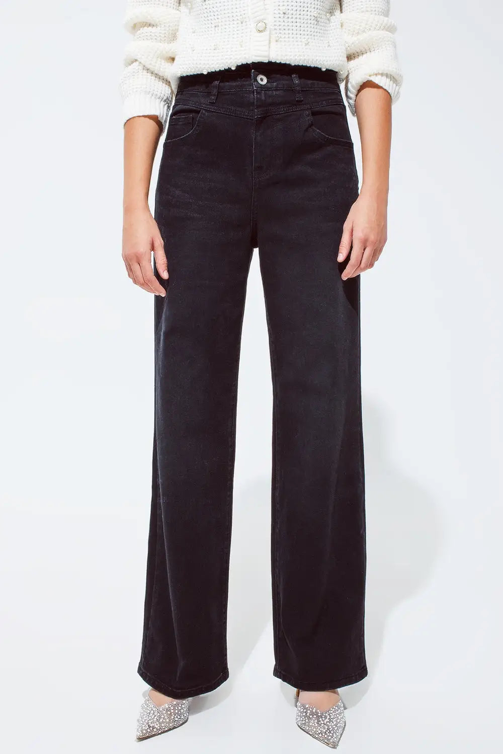 Straight leg Jeans with Waist Stitching Detail in Black - Colored Jeans