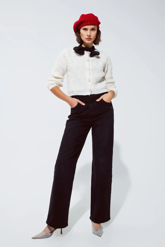 Straight leg Jeans with Waist Stitching Detail in Black - Colored Jeans