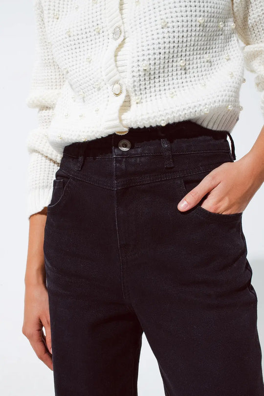 Straight leg Jeans with Waist Stitching Detail in Black - Colored Jeans