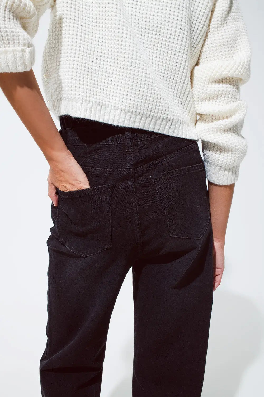 Straight leg Jeans with Waist Stitching Detail in Black - Colored Jeans