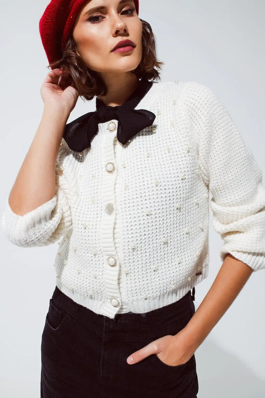 White Waffle Knit Cardigan With Embellished Pearls And Jewelled Buttons In White - Cardigans