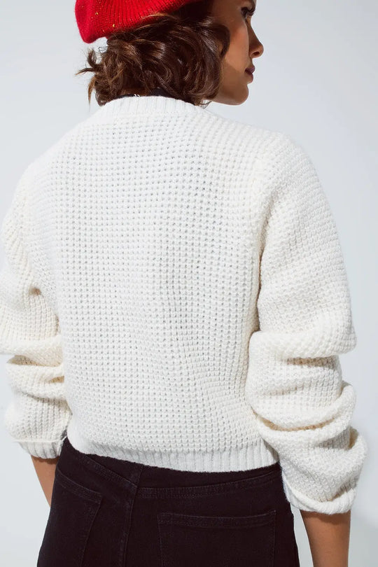 White Waffle Knit Cardigan With Embellished Pearls And Jewelled Buttons In White - Cardigans