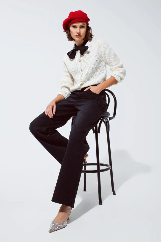 White Waffle Knit Cardigan With Embellished Pearls And Jewelled Buttons In White - Cardigans