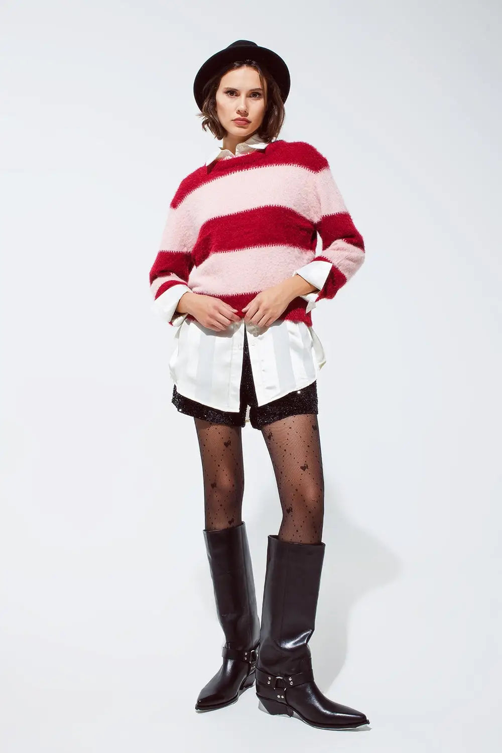 Pink sweater with stripes and a crew neck - Sweaters