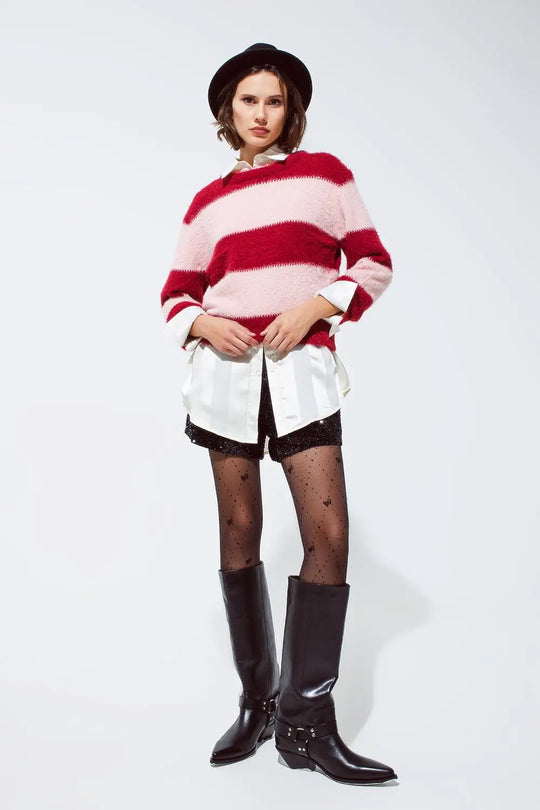 Pink sweater with stripes and a crew neck - Sweaters