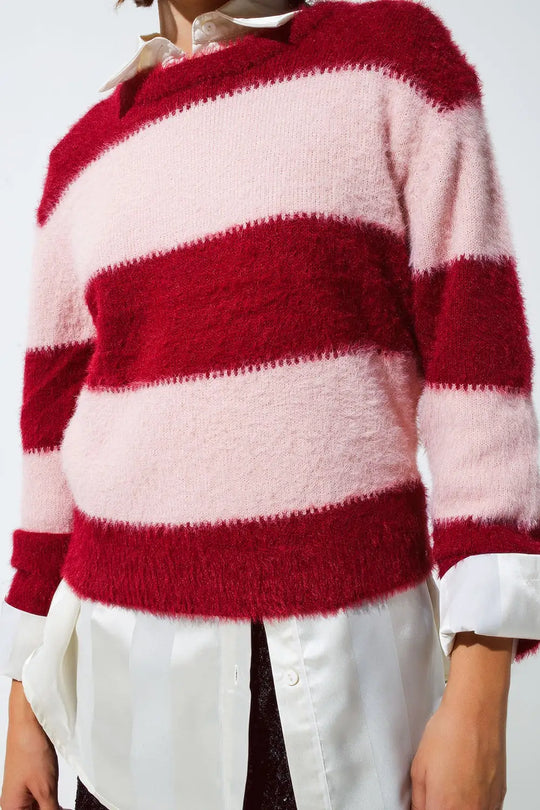 Pink sweater with stripes and a crew neck - Sweaters