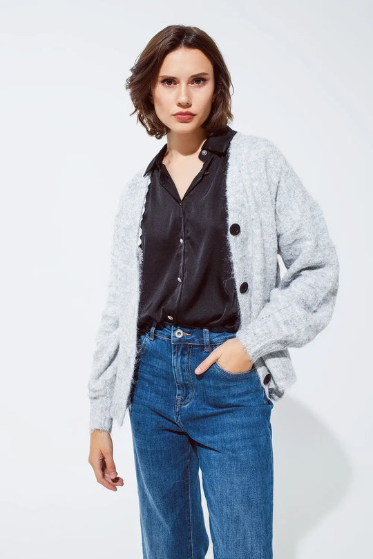 Grey cardigan with a deep V neck with lace detail - GRAY / ONE - Cardigans