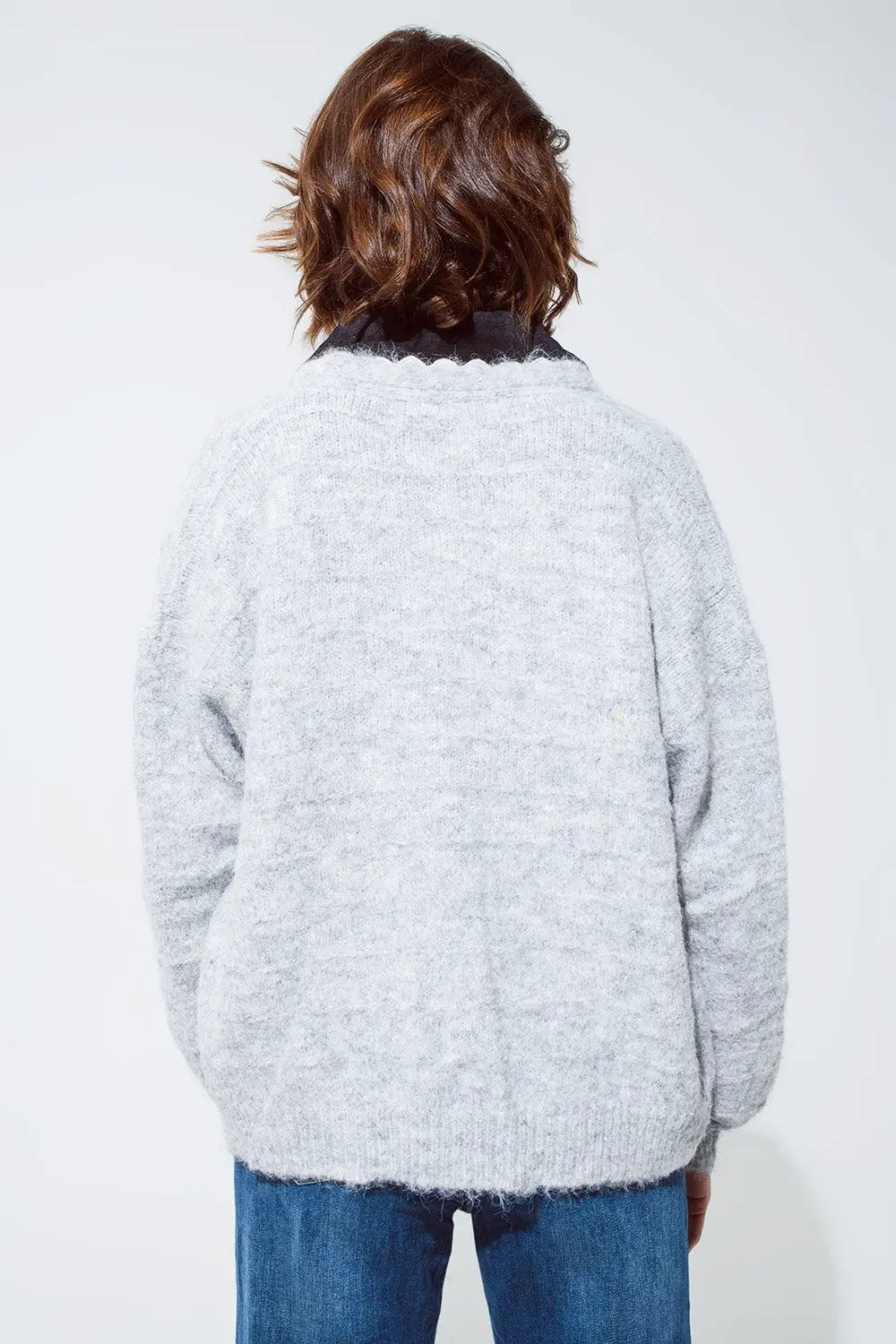 Grey cardigan with a deep V neck with lace detail - GRAY / ONE - Cardigans