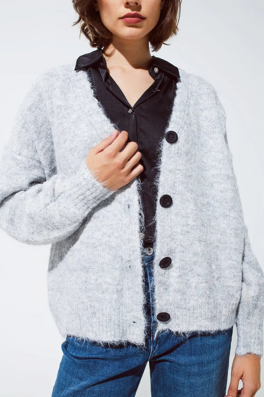 Grey cardigan with a deep V neck with lace detail - GRAY / ONE - Cardigans