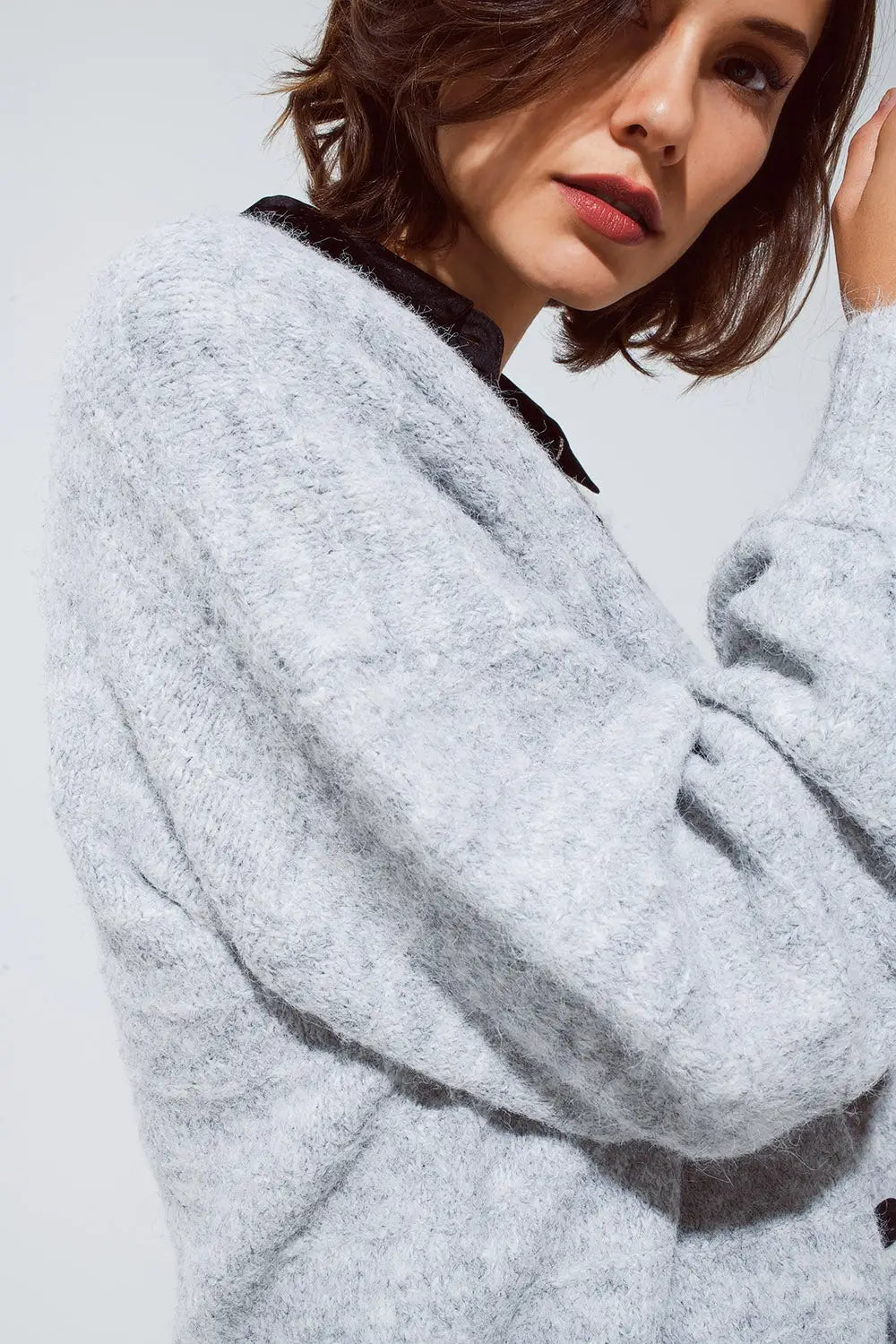Grey cardigan with a deep V neck with lace detail - GRAY / ONE - Cardigans