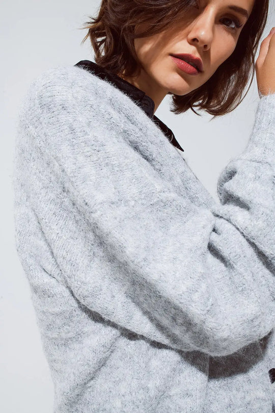 Grey cardigan with a deep V neck with lace detail - GRAY / ONE - Cardigans