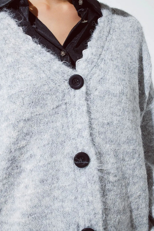 Grey cardigan with a deep V neck with lace detail - GRAY / ONE - Cardigans