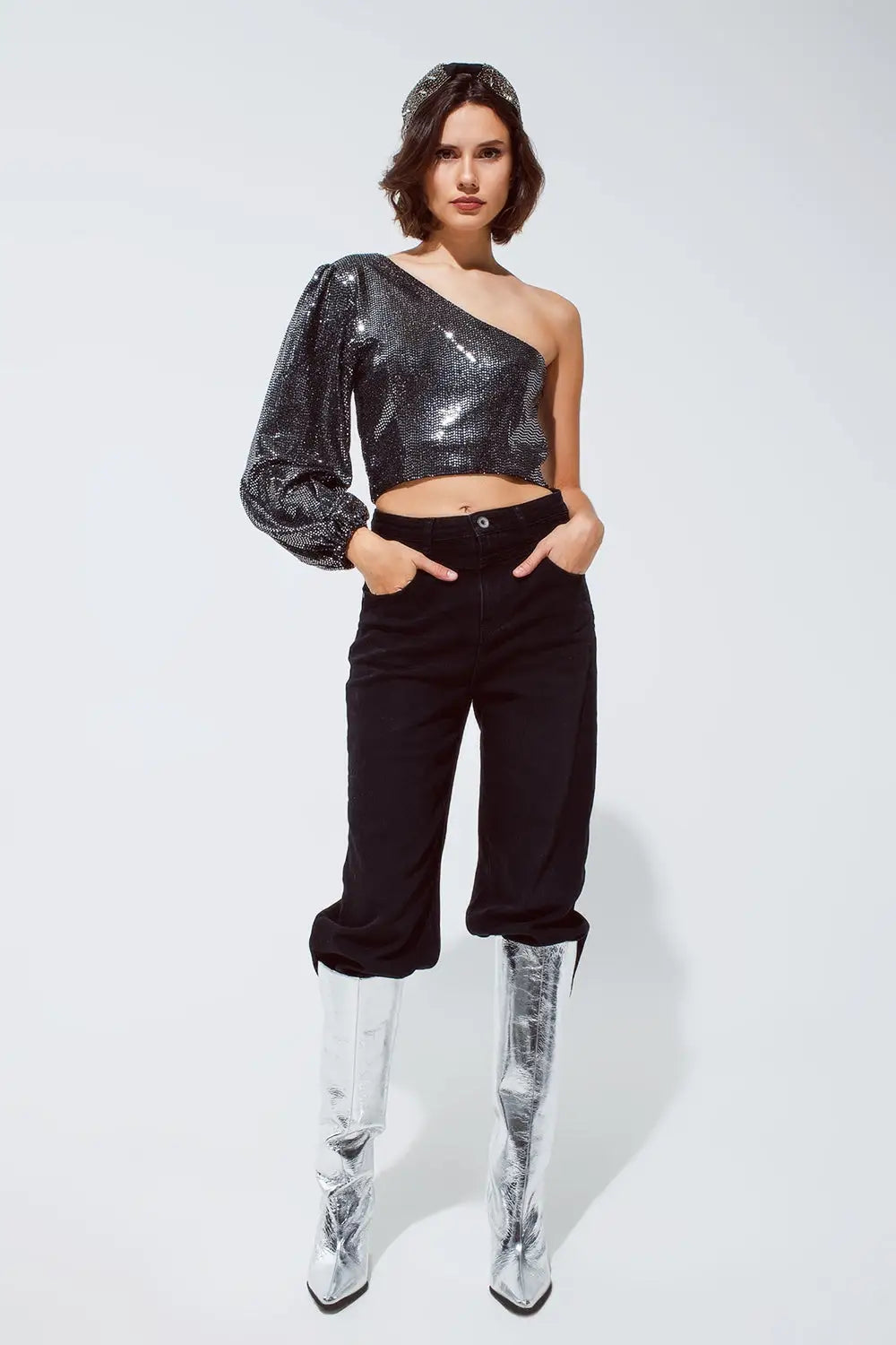 Party Cropped one shoulder top with glitter detail in silver - Tops