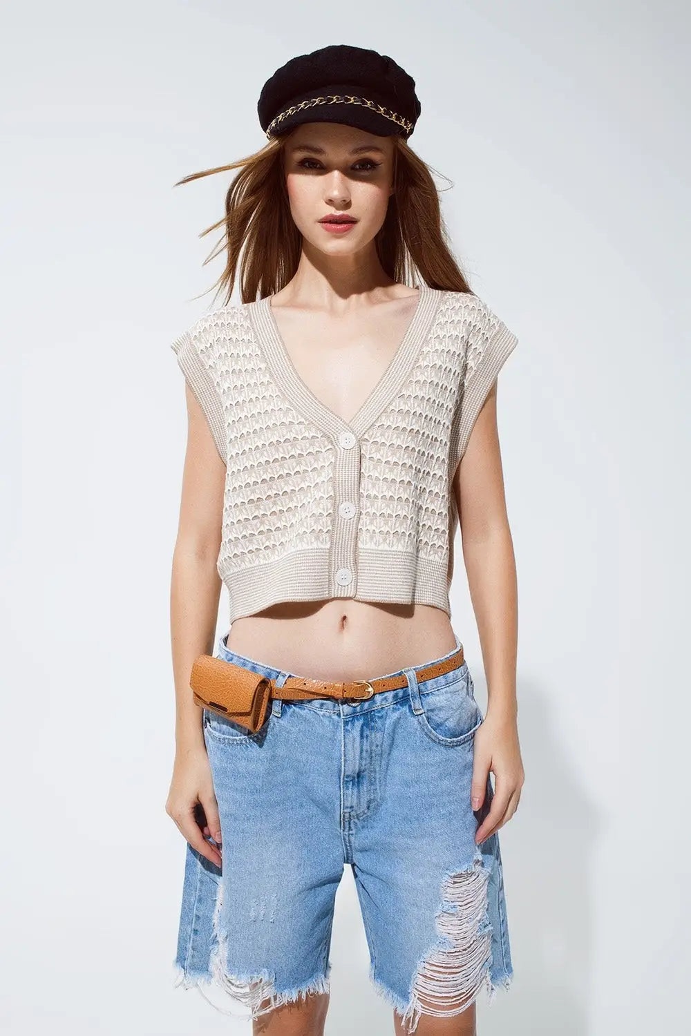 Knitted Cropped Vest With Rib Trim in Beige - BEIGE / ONE - Sweaters