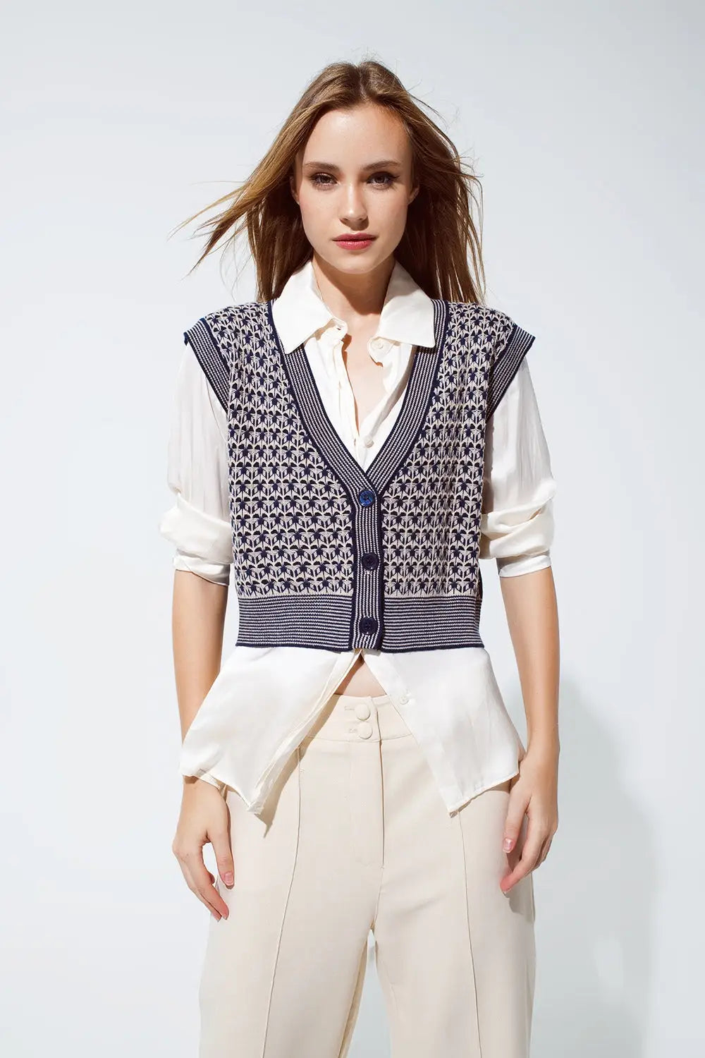 Knitted Cropped Vest With Rib Trim in blue - BLUE / ONE - Sweaters