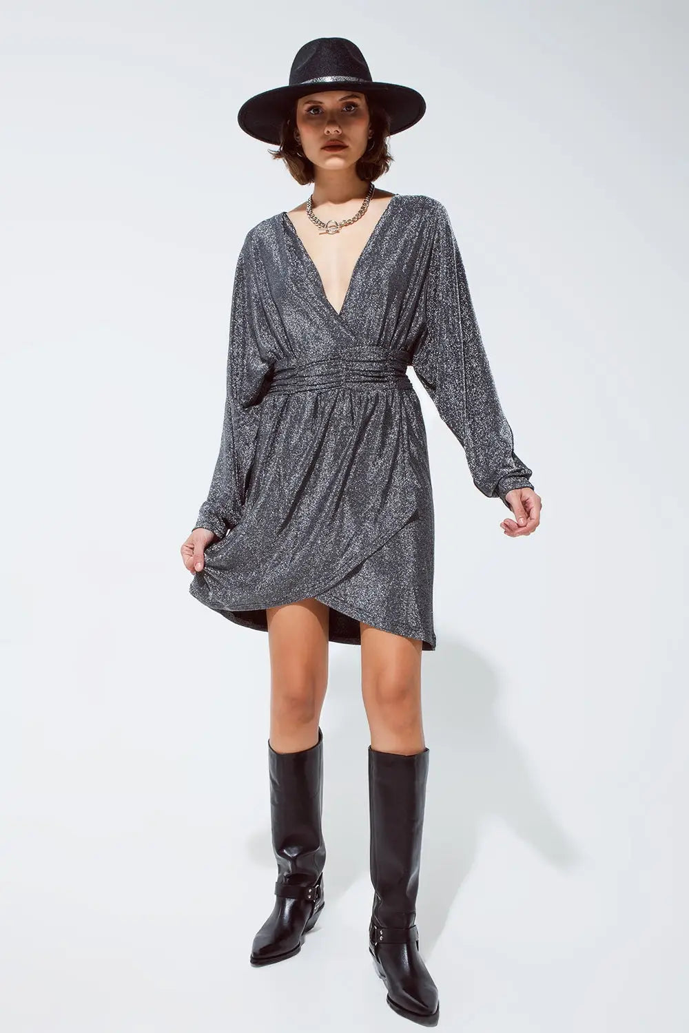 Mini length glitter dress with deep V neck in silver - Dresses