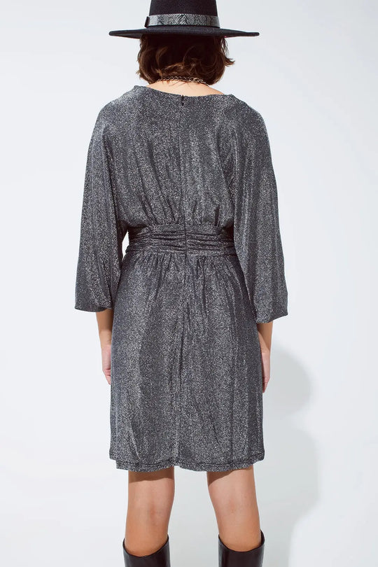 Mini length glitter dress with deep V neck in silver - Dresses