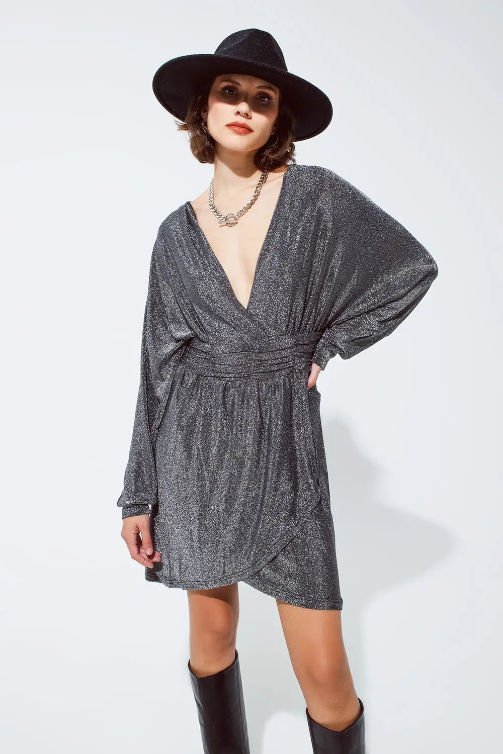 Mini length glitter dress with deep V neck in silver - Dresses