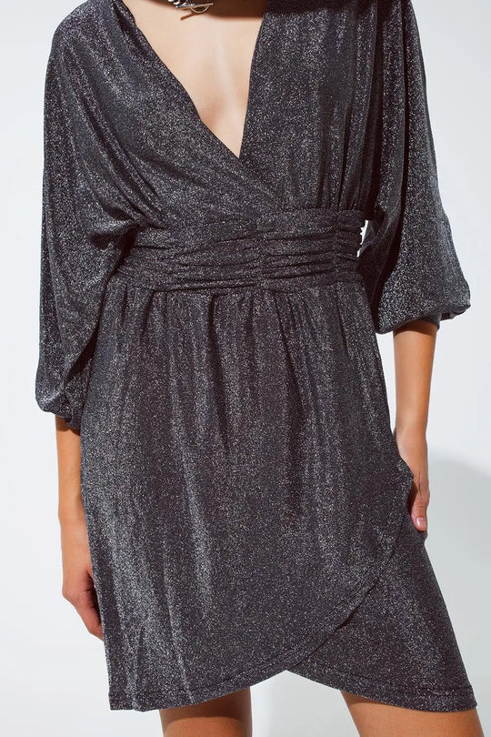 Mini length glitter dress with deep V neck in silver - Dresses