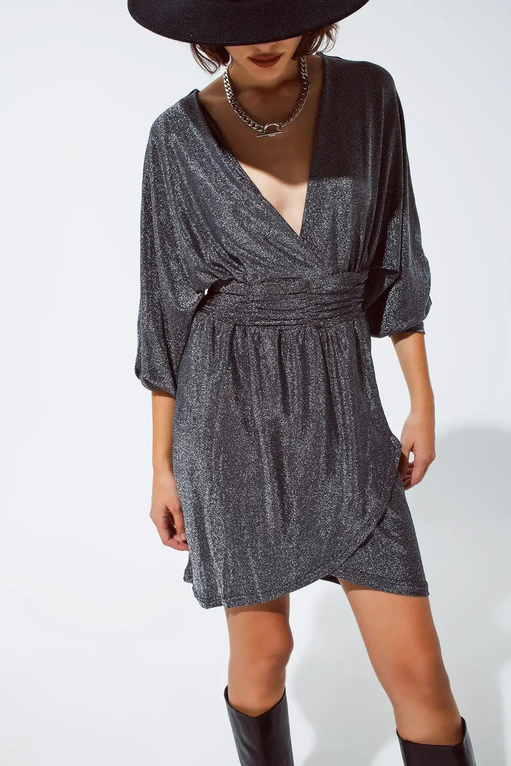 Mini length glitter dress with deep V neck in silver - Dresses