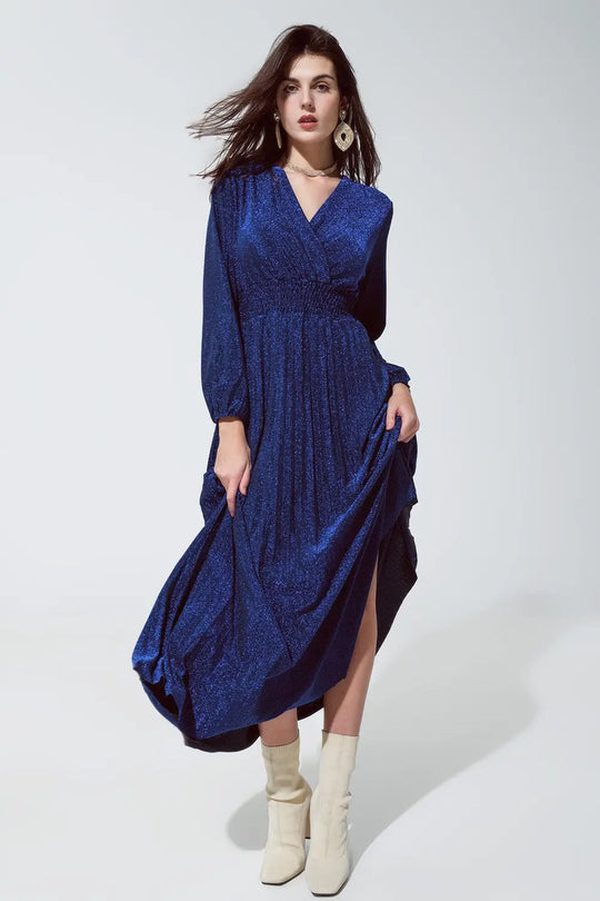 Blue shiny fitted high waist maxi dress with V neck - Dresses