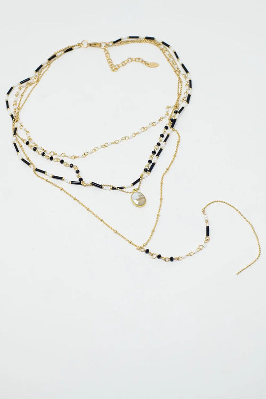 Gold 4 in 1 necklace with black and white beads - GOLD