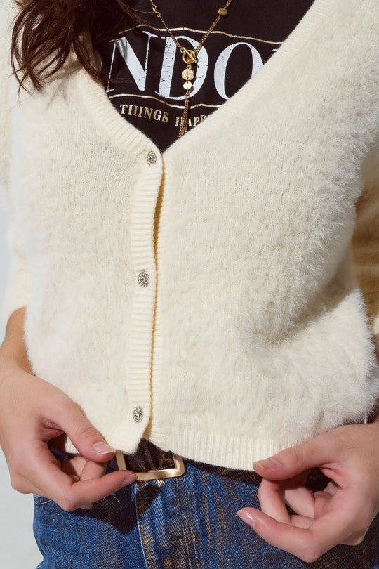 cream fluffy cardigan with silver buttons - Cardigans