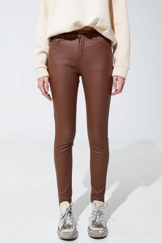 leatherette effect super skinny pants in light brown - Pants