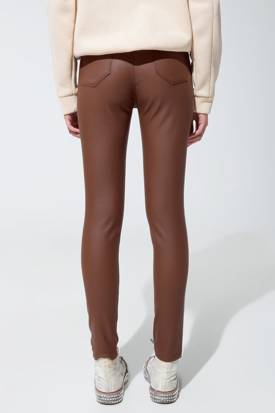 leatherette effect super skinny pants in light brown