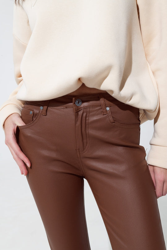 leatherette effect super skinny pants in light brown