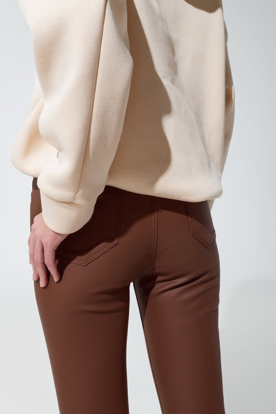 leatherette effect super skinny pants in light brown