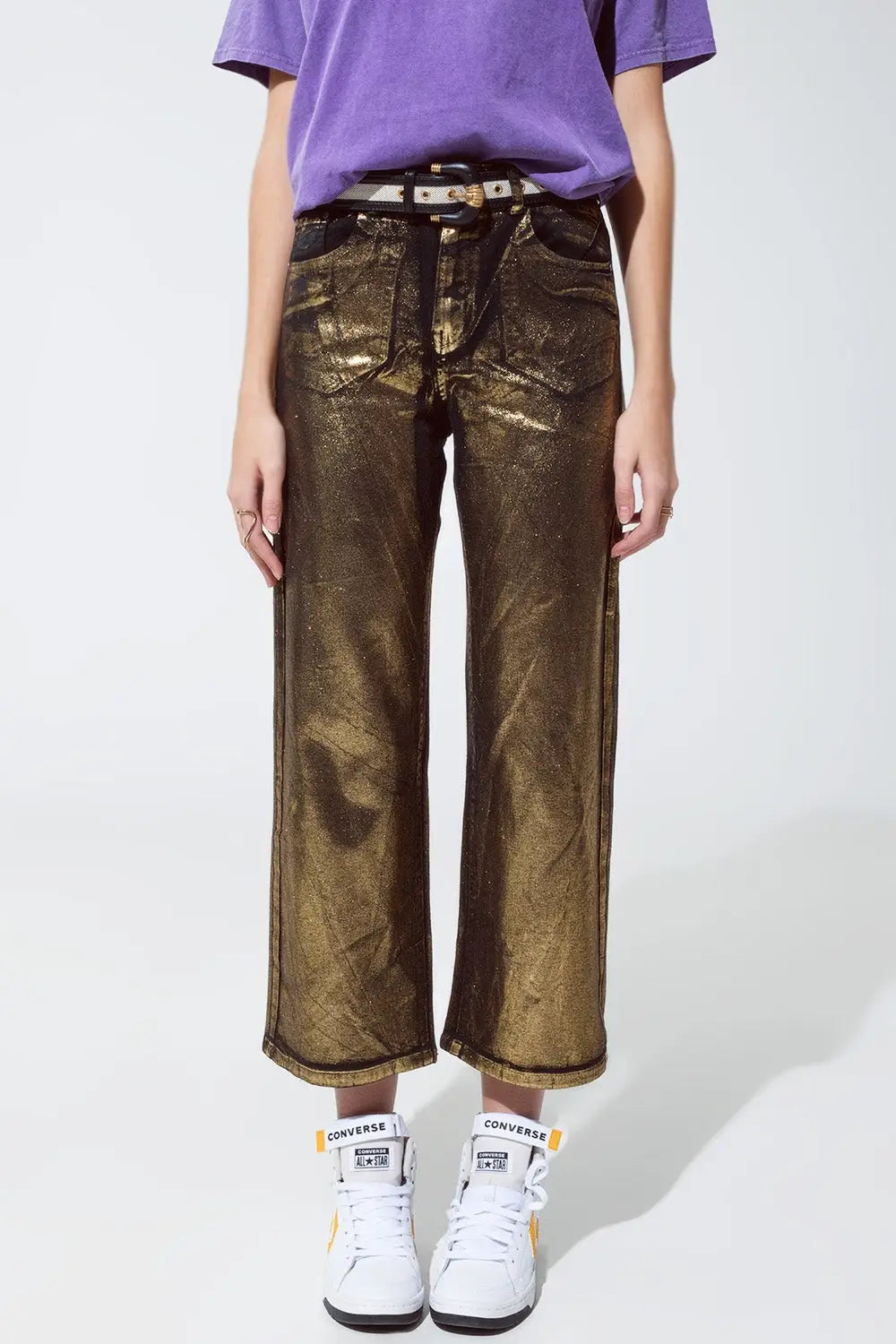 Black straight leg jeans with gold metallic glow - Colored Jeans