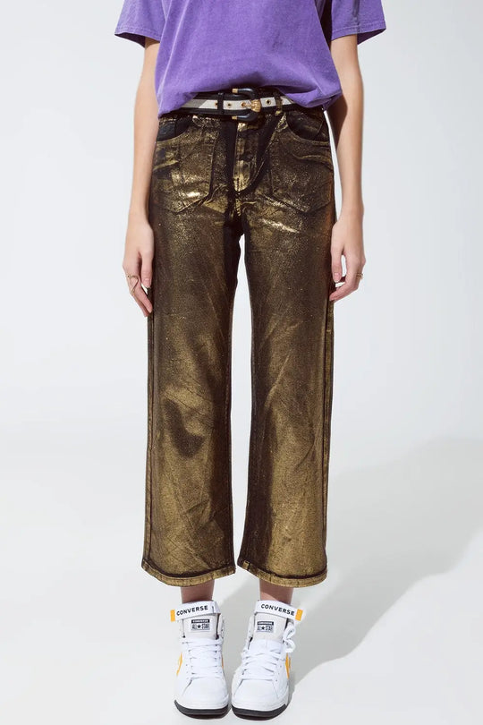 Black straight leg jeans with gold metallic glow - Colored Jeans