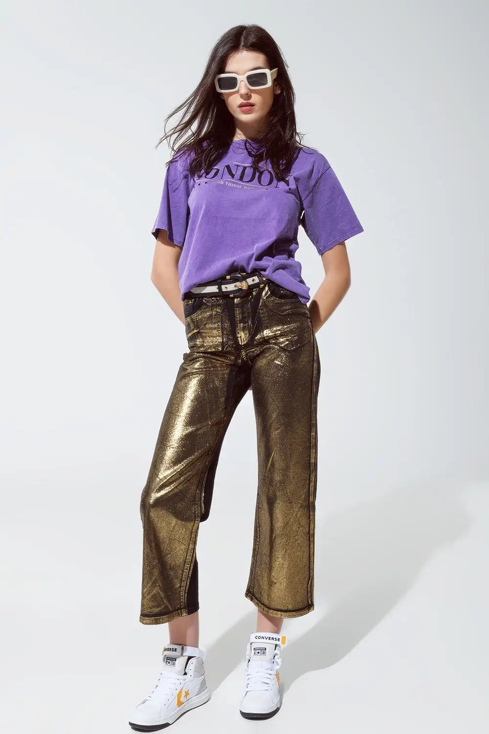 Black straight leg jeans with gold metallic glow - Colored Jeans