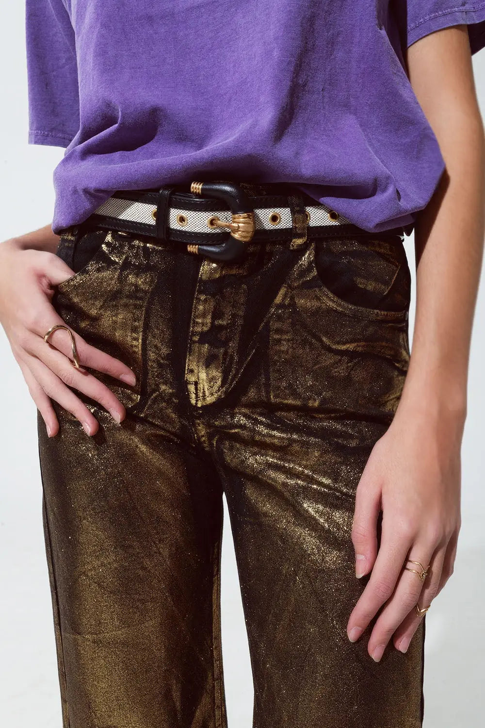 Black straight leg jeans with gold metallic glow - Colored Jeans