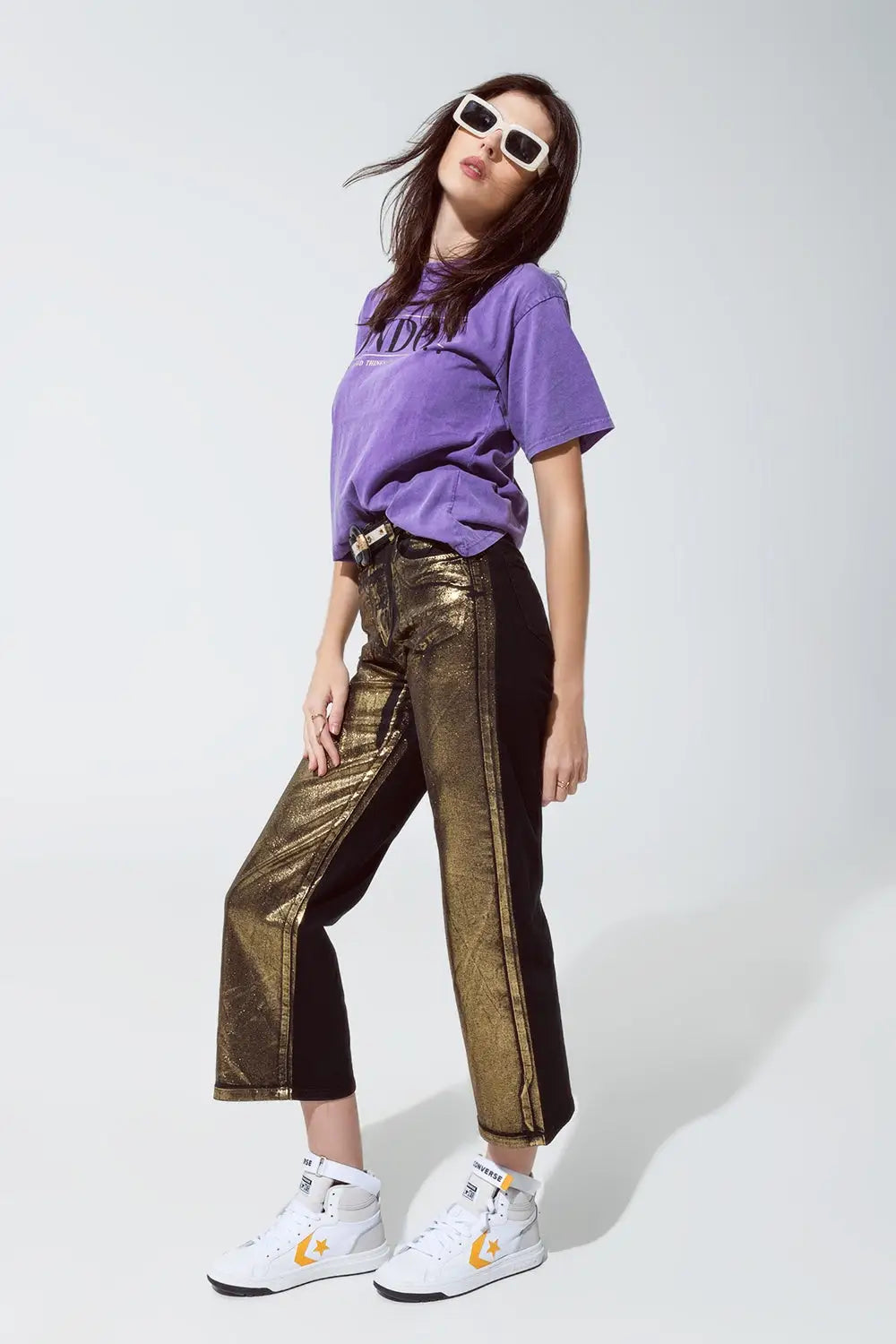 Black straight leg jeans with gold metallic glow - Colored Jeans