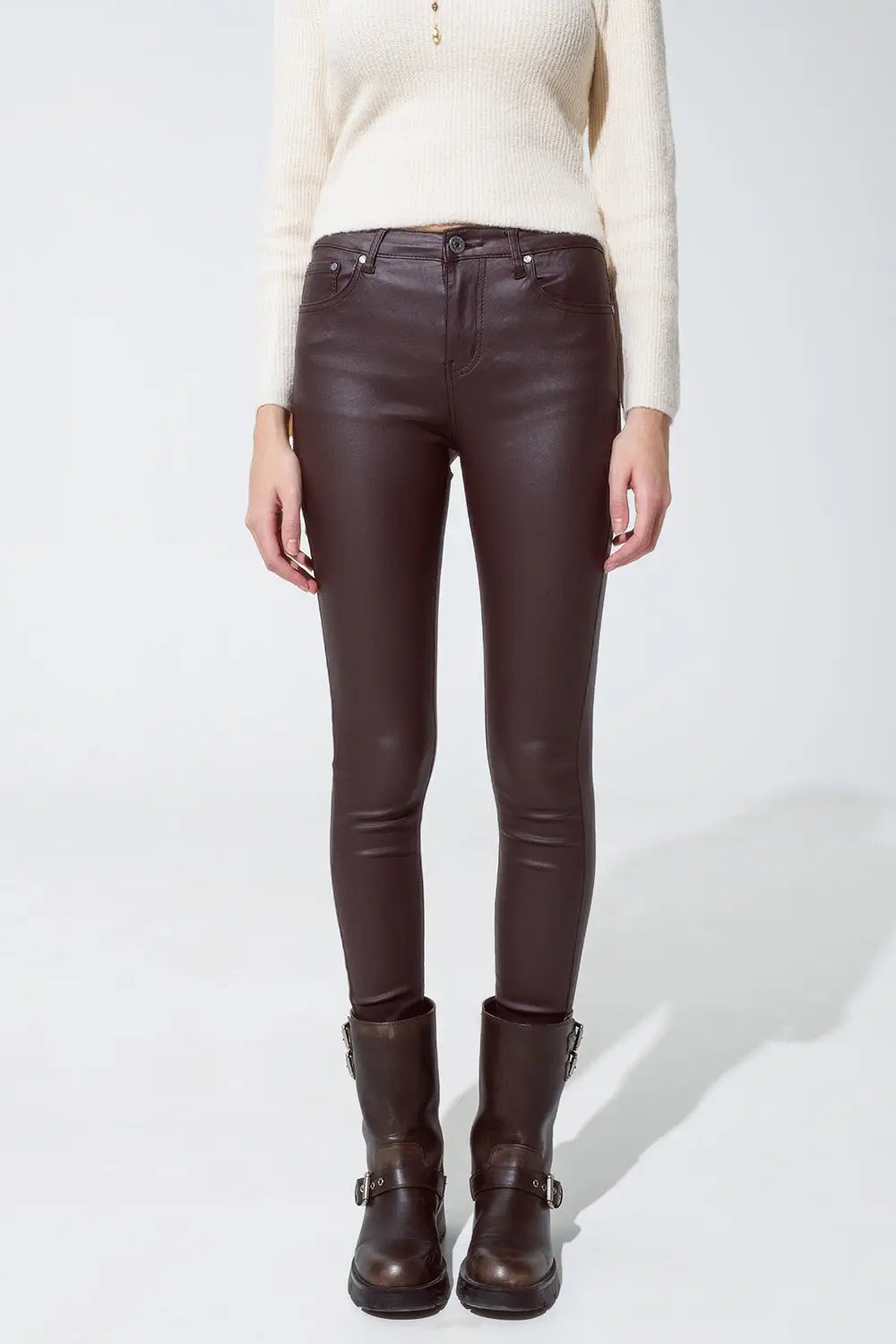 leatherette effect super skinny pants in dark brown - Pants