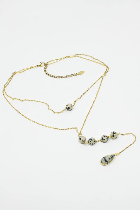 2 in 1 Necklace with marbled black and white stones - GOLD