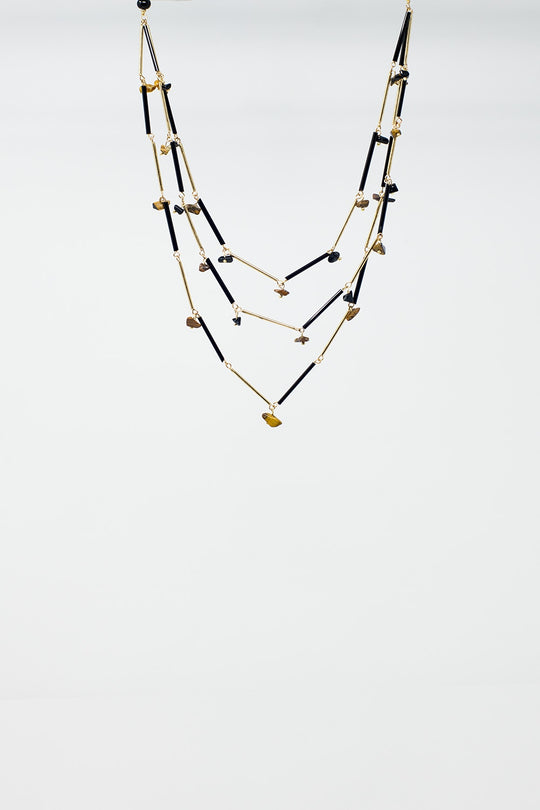 Short 3 in 1 Necklace with black and golden beads
