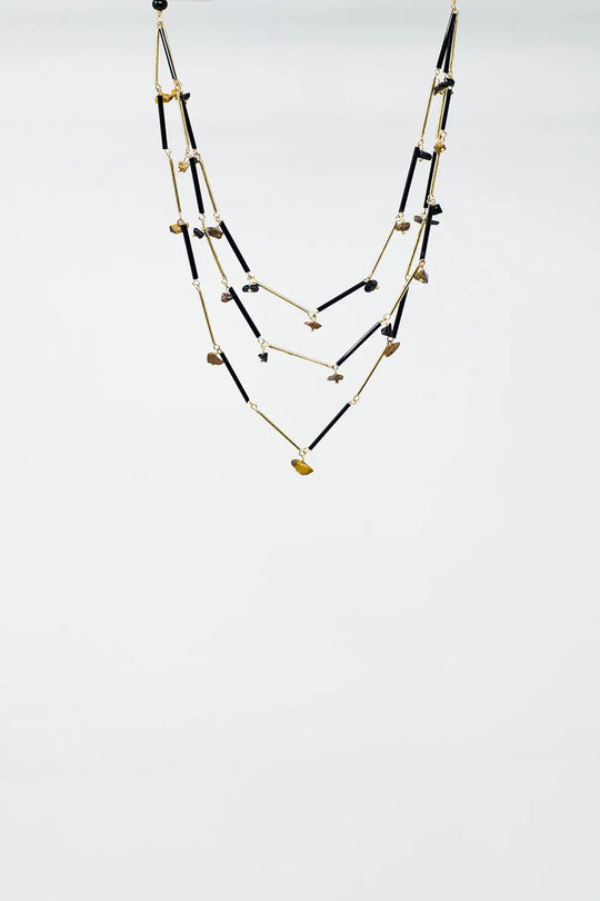 Short 3 in 1 Necklace with black and golden beads - GOLD