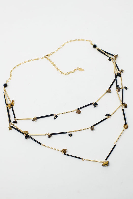 Short 3 in 1 Necklace with black and golden beads