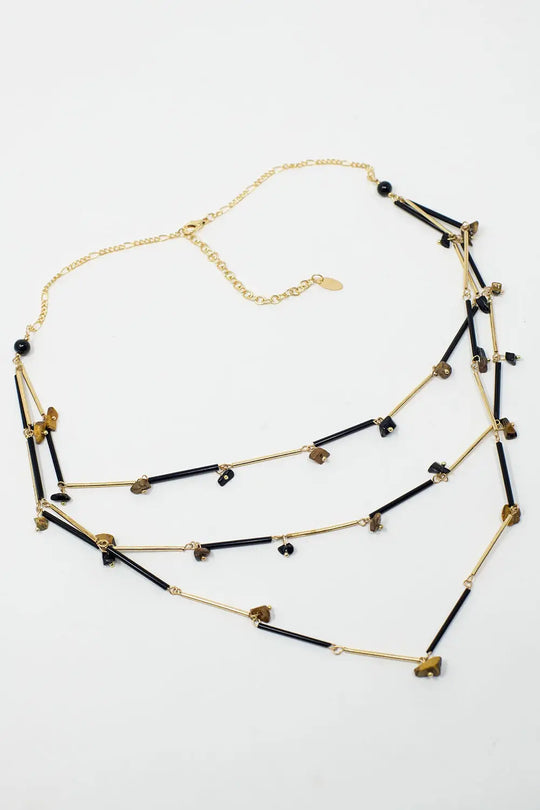 Short 3 in 1 Necklace with black and golden beads - GOLD