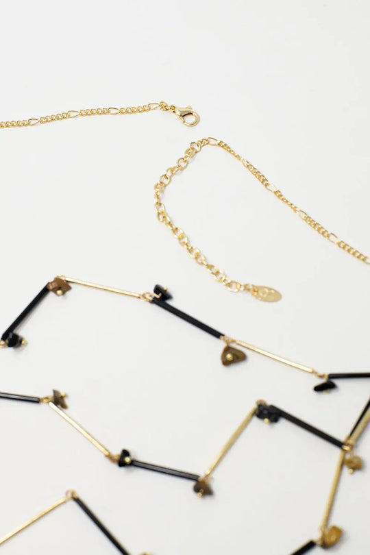 Short 3 in 1 Necklace with black and golden beads - GOLD