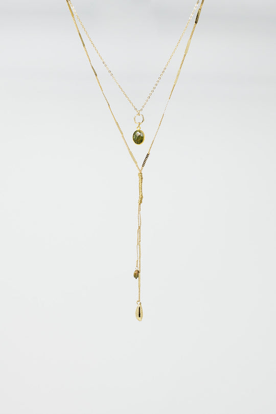 Long 2 in 1 Golden Necklace with Green and Golden Stones
