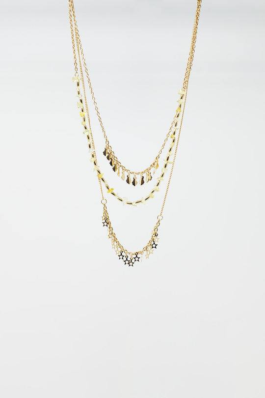 3 in 1 Long Necklace in Gold With a Variety of Beads and stars